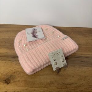 NWT Jessica Simpson Pink Pearl-Embellished Beanie and Earring Set